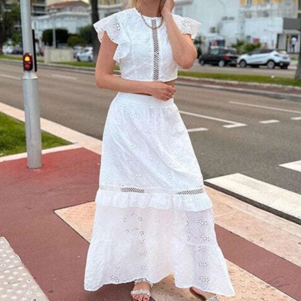 White Eyelet Embroidery 2 Piece Set Crop Top and Long Skirt - Picture 9 of 10